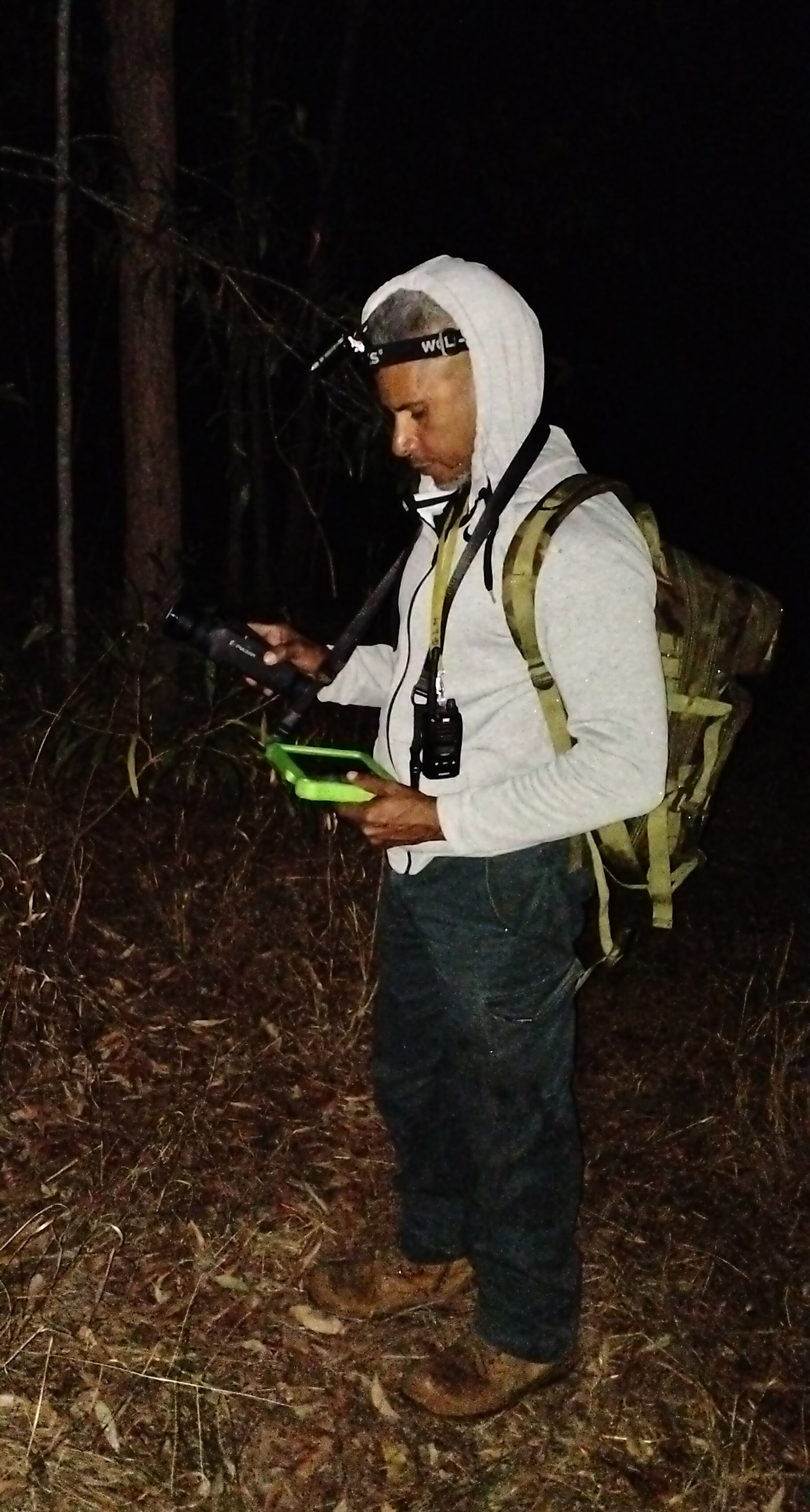 A man checks an iPad in a wooded area at night