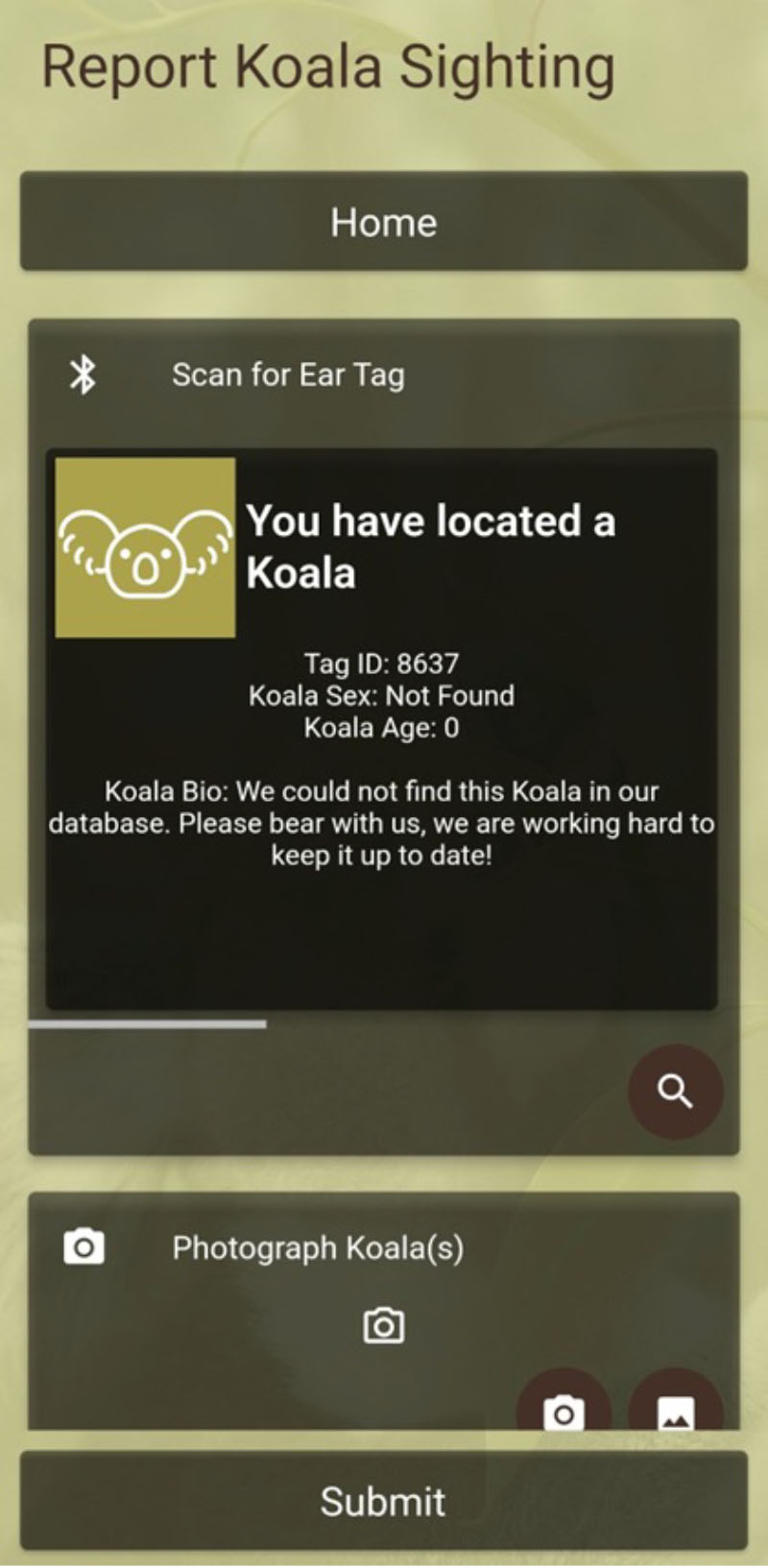 A screen shot of an app showing data for a sighted koala