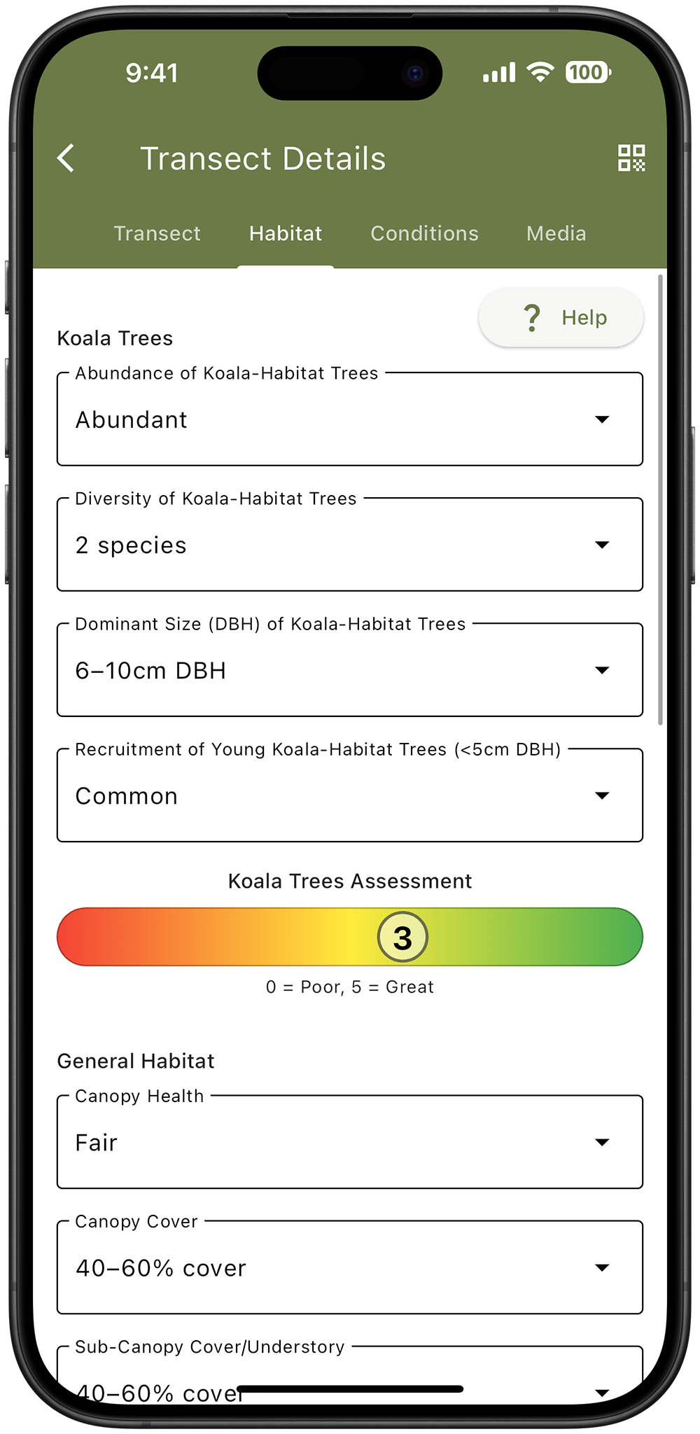A screen shot of an app showing transect details for a sighted koala